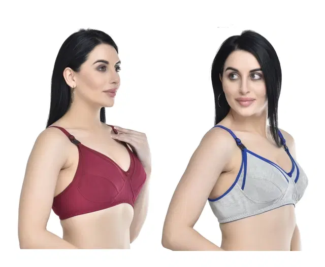Cotton Blend Solid Non Padded Feeding Bras for Women, Pack of 2 (Multicolor, 32)