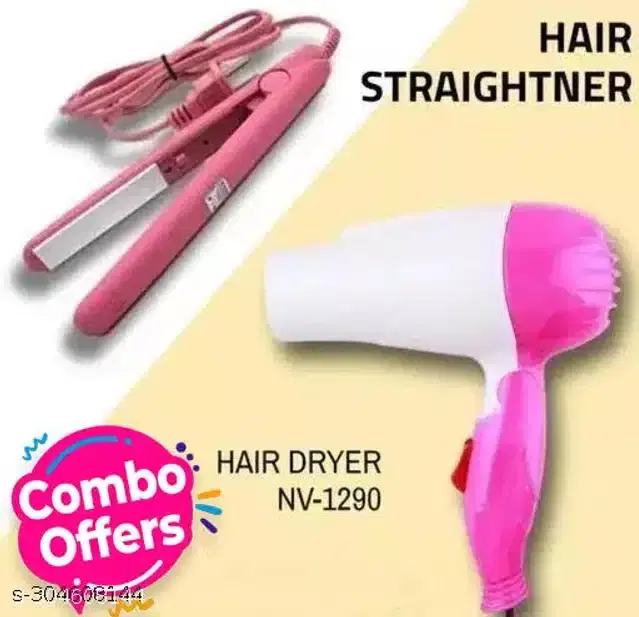 Mini Hair Straightener with Hair Dryer Combo, Multicolor, Set of 2