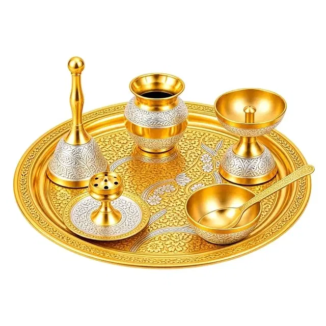 Pooja Thali Set In Velvet Gift Box, German Silver & Golden 2 Tone Arti Plate, Kalash, Akhand Diya, Agarbatti Stand, Bowl, Spoon, Hand Bell Ghanti