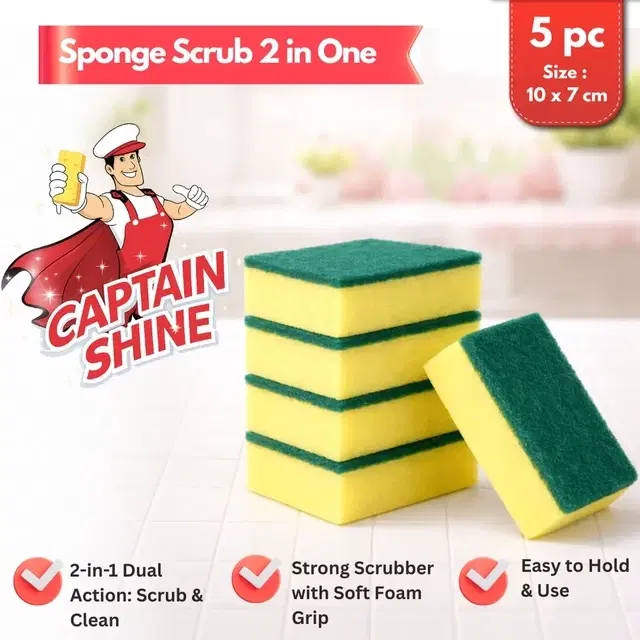 Captain Shine Sponge Scrub 2 In One, L-10x W-7x H-2cm [5 Pieces]