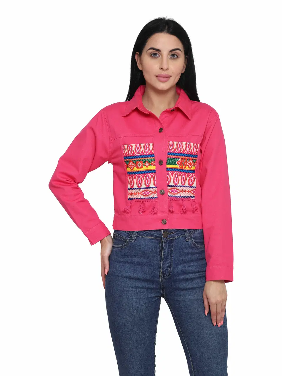 Sainath Denim Jaipuri Jacket (Dark Pink, S)
