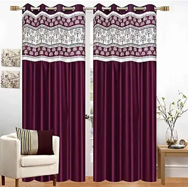 Polyester Patch Worked Window & Door Curtains, Pack of 2, Wine, 5 feet