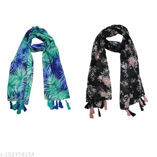 Cotton Blend Scarves for Women, Black, Pack of 2
