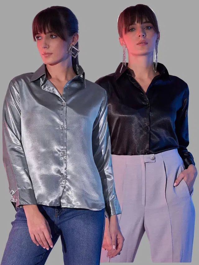 Full Sleeves Solid Shirt for Women, Pack of 2 (Grey & Black, S)