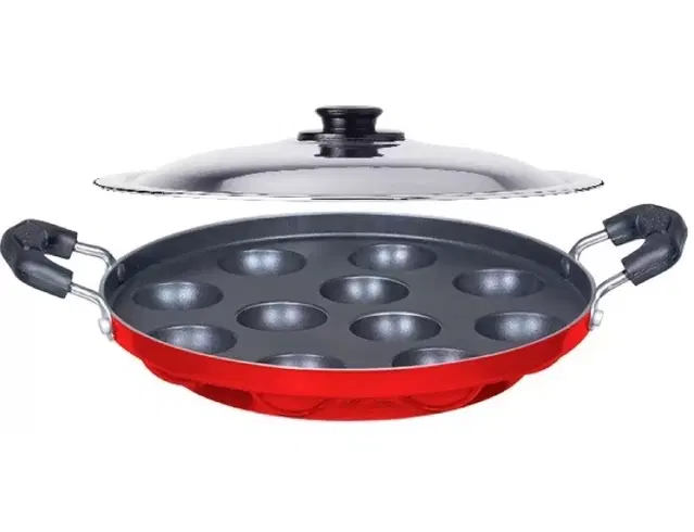 ZODEX 12 Cavities Non Stick Appam Patra with Lid and Side Handle, Multicolor, 21 cm