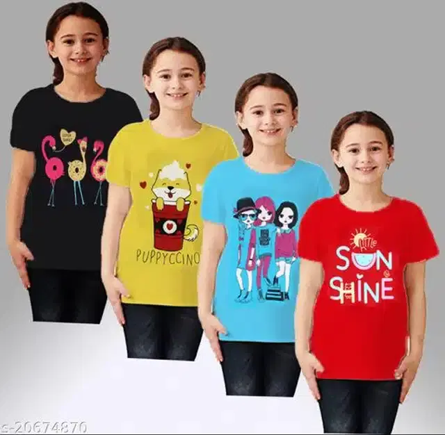 Cotton Half Sleeves T-Shirt for Girls, Pack of 4 (Multicolor, 6-7 Years)