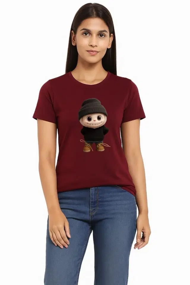 Cotton Blend Printed T-shirt for Women, Maroon (M)