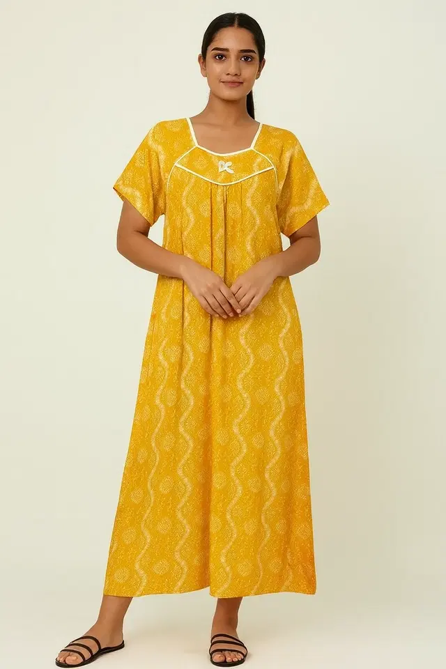 Sarina Printed Nightdress for Women, Mustard (L)