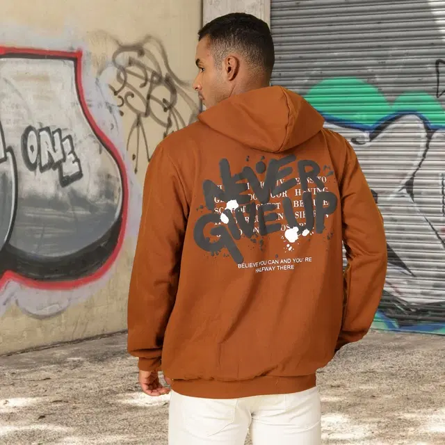 Fleece Printed Sweatshirt For Men, Brown (XL)