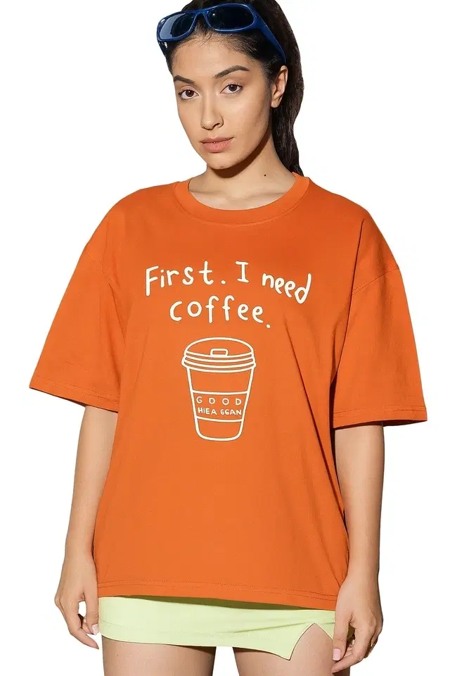 Round Neck Printed T-Shirt for Women, Orange (XL)