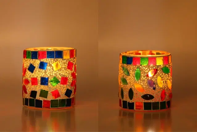 Glass Decorative Tea Light Holders, Multicolor, Pack of 2