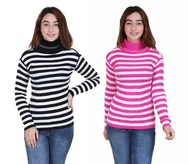 Full Sleeves Striped Sweater for Women, Pack of 2 (White & Pink, M)