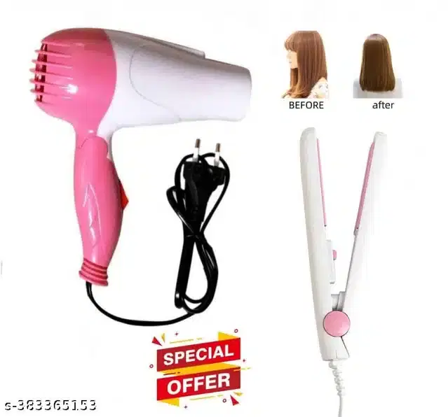 Mini Hair Straightener with Hair Dryer Combo, Multicolor, Set of 2