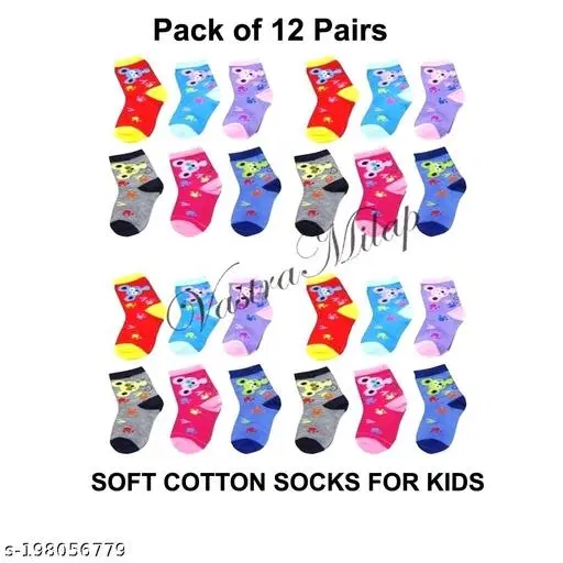 Cotton Socks for Kids, Set of 12 (Multicolor, 0-3 Months)