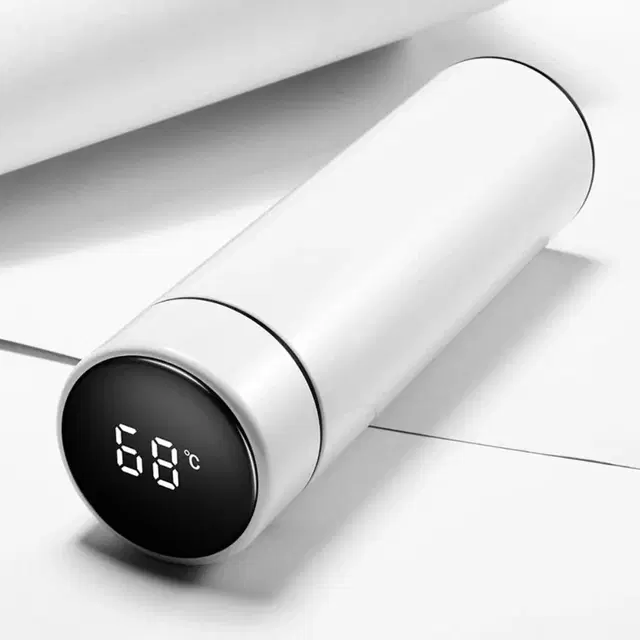 LED Temperature Display Stainless Steel Water Bottle, White, 500 ml