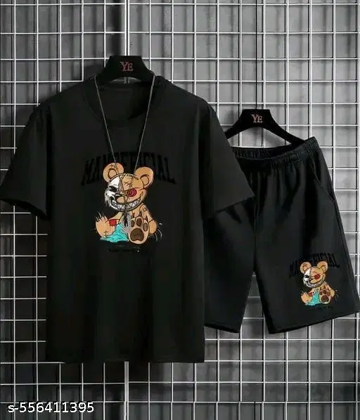 Cotton Blend Printed Top & Bottom Set for Men, Black (XS)