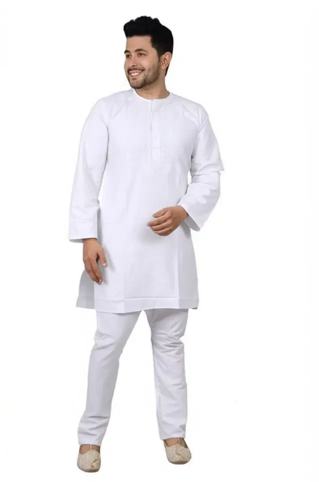 Cotton Blend Embroidered Kurta with Pyjama Set for Men, White (S)