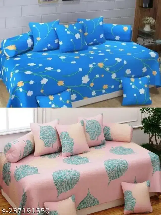 Polycotton Diwan Cover Set, SKy Blue & Pink, Combo of 2