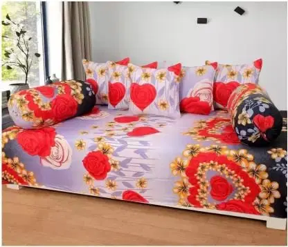 Swadeshi Style PolyCotton Diwan Set with 8 Pieces 1 Single Bed Sheet with 5 Cushions Covers and 2 Bolster Covers, Multicolor, 150 cm X 230 cm, DD-57