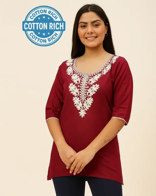 Cotton Embroidered Short Kurti for Women, Maroon (L)