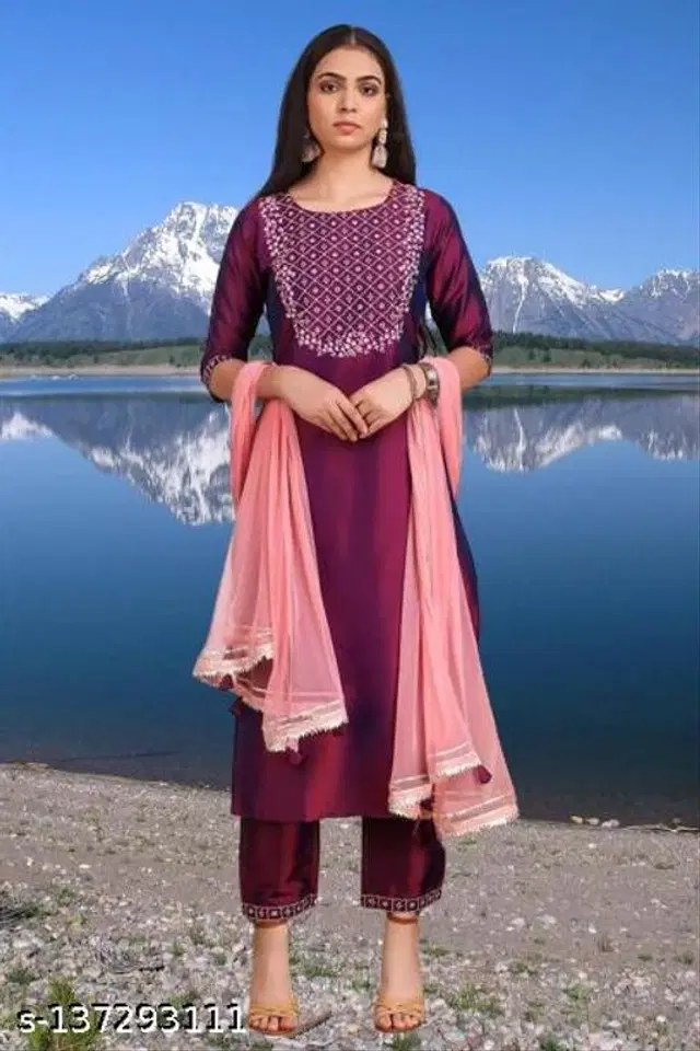 Viscose Rayon Embroidered Kurta with Pant & Dupatta for Women (Multicolor, S)