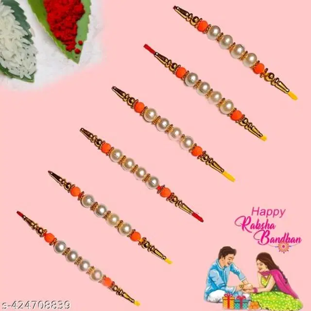 Handmade Designer Rakhi with Roli Chawal, Multicolor, Pack of 6