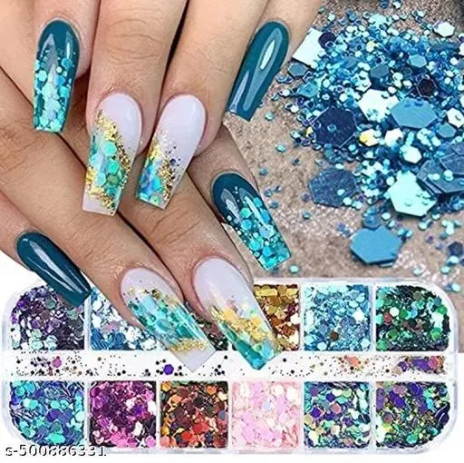 12 Colors Nail Glitter Sequins Nail Decorations, Multicolor, Set of 1