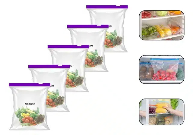 Ziplock Food Storage Pouch for Fridge, Pack of 5, 9x10 Inches, Purple