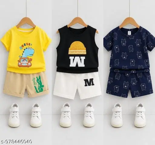 Cotton Top & Bottom Sets for Boys, Pack of 3 (Black, 9-12 Months)
