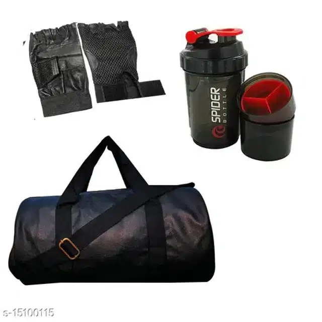 Combo of Gym Bag with Shaker Bottle, 400 ml, Gloves, Multicolor, Set of 3