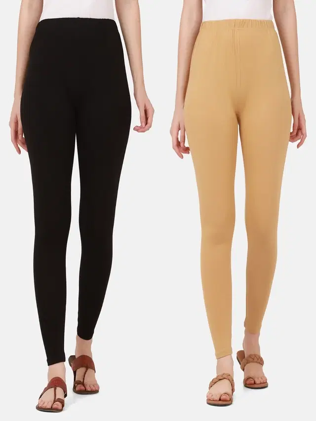 Cotton Solid Leggings for Women, Pack of 2 (Black & Beige, S)