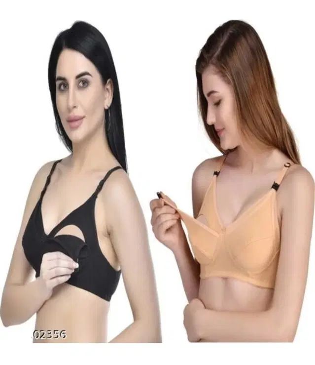 Cotton Blend Solid Non Padded Feeding Bras for Women, Pack of 2 (Multicolor, 36)