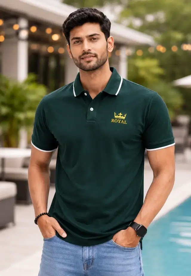 Polo neck T-Shirts for Men, Dark Green (M)