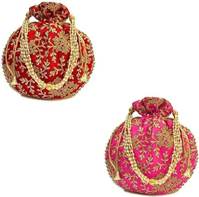 Cotton Silk Ethnic & Traditional Handheld Potli for Women, Red & Pink, Pack of 2, A-03