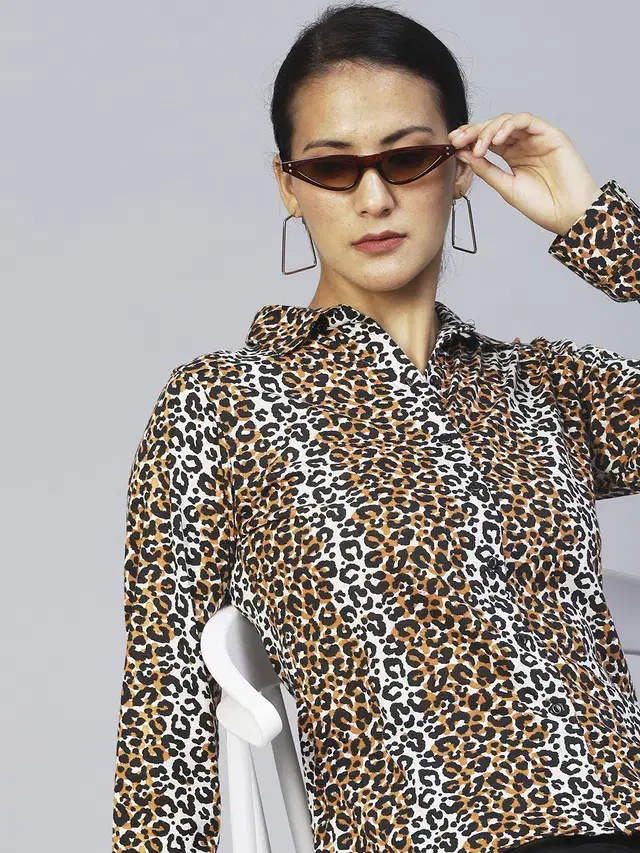 Women's Animal Printed Full Sleeves Shirt (Brown, S)