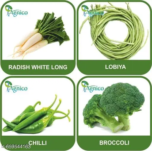4 Vegetable Seeds Combo With Instruction Manual(Radish White Long/Lobiya/Chilli/Broccoli)