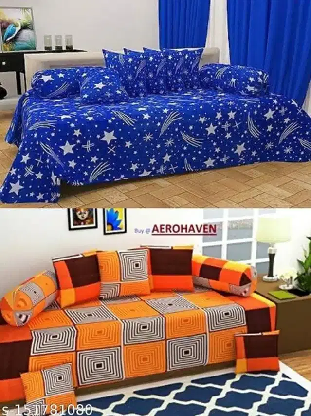 Polycotton Diwan Cover Set, Blue & Orange, Combo of 2
