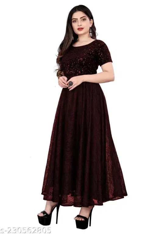 Net Embellished Gown for Women (Maroon, M)