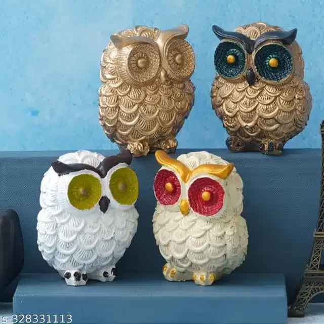 Resin Standing Owl Showpiece, Multicolor, Set of 4