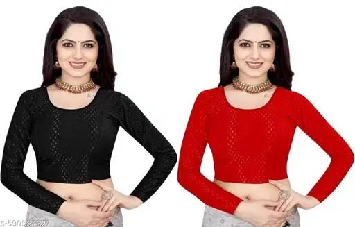 Lycra Ready Made Blouse for Women, Red & Black, Pack of 2 (36)