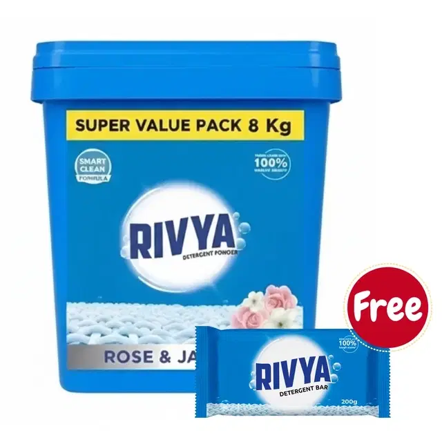 Rivya Rose & Jasmine Detergent Powder 8Kg (Free Tub & Scoop) + Rivya Detergent Bar 200 g (Free)