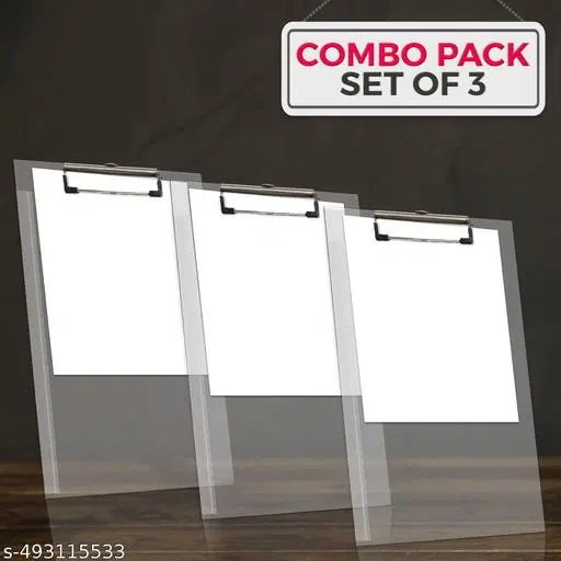 Children's Interesting Combo(II) Transparent Examination Paper Clipboard set of 3| Writing Pad | Drawing/Writing/Exam Board/Clipboard with Clip and Elastic - Sturdy, Lightweight for Office, School, College Transparent Exam Pad