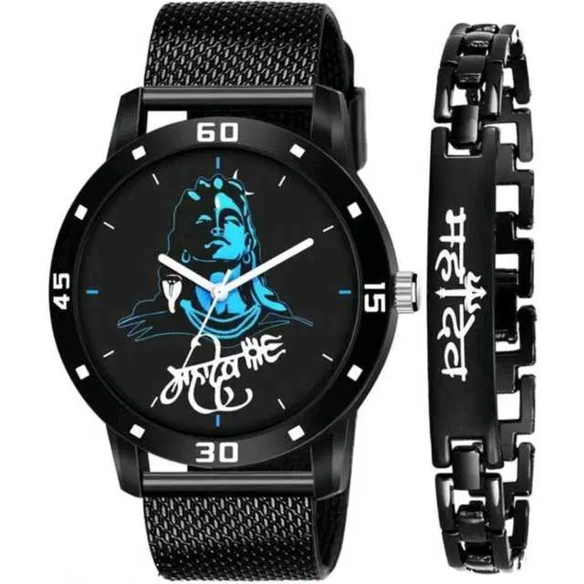 Casual PU Analog Watch With Bracelet Men, Pack Of 2 (Black) (MP-413)