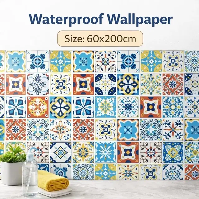 Indian Royals Multicolour Tiles Luxury High Glossy  WaterProof , Stain Resistance Wallpaper (60*200 cm)
