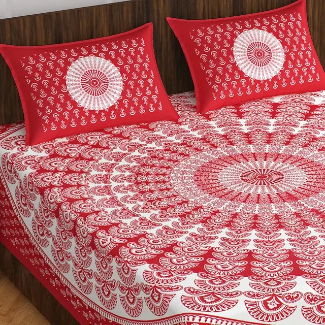 Cotton Rajasthani Jaipuri Double Bedsheet with 2 Pillow Covers Red Floral, 90x100 inches