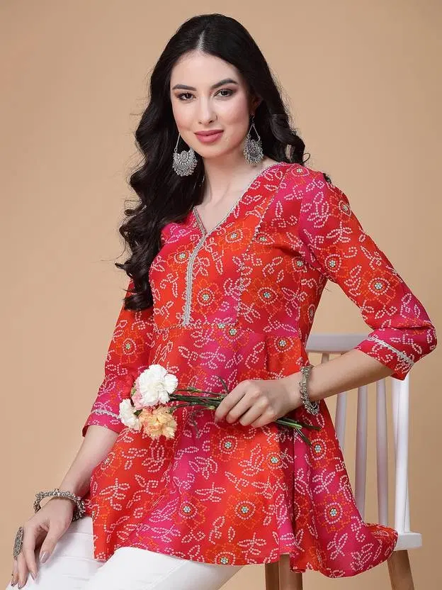 Rayon Bandhani Short Kurti for Women, Multicolor (L)