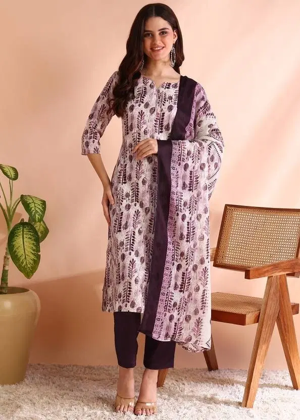 Cotton Printed Women's Kurta with Pant & Dupatta Set, Wine (XXL)