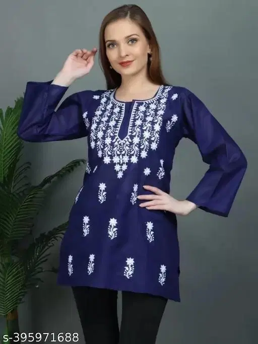Cotton Chikankari Short Kurti for Women, Blue (S)