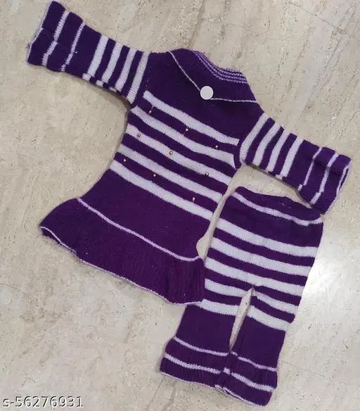Acrylic Striped Clothing Set for Girls, Set of 1 (Purple & White, 0-3 Months)