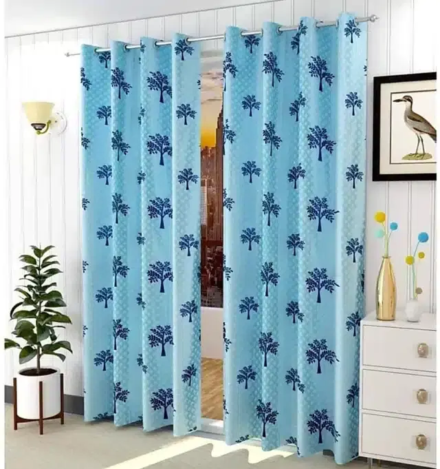 Polyester Printed Window & Door Curtains, Pack of 2, Blue, 5 feet